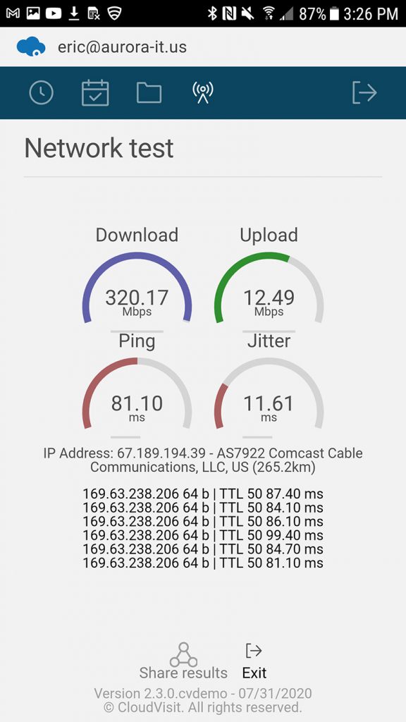 Mobile video conference speedtest results